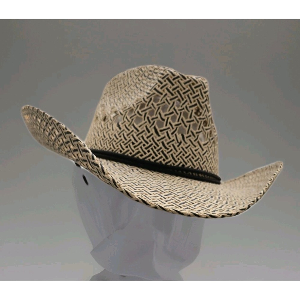 Lonestar Cowboy Hat Vented Chin Strap Sz Lrg Beige Black Woven Western
